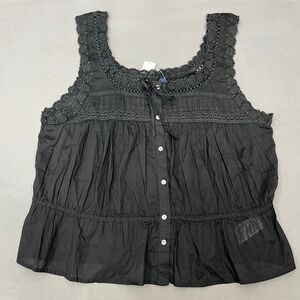 Gap Women XXL Black Eyelet Lace Pintuck Button Front Peplum Tank Top Minimalist